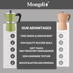 Mongdio Stovetop Espresso Maker Moka Pot, Stove Top Cuban Coffee Maker, Italian Greca Mocha Pot, 12 Espresso Cups, 20 oz - Green - Image 2