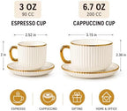 Espresso Cups with Saucers, Set of 6, Stackable Demitasse Coffee Cups with Gold Trim, Lead-Free Ceramic Cappuccino Mugs for Coffee Bar, Latte, Mocha, Tea - Modern Home Cafe (3, Fluid Ounces) - Image 2