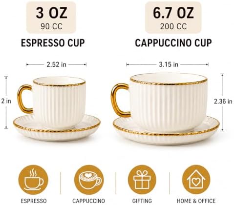 Espresso Cups with Saucers, Set of 6, Stackable Demitasse Coffee Cups with Gold Trim, Lead-Free Ceramic Cappuccino Mugs for Coffee Bar, Latte, Mocha, Tea - Modern Home Cafe (3, Fluid Ounces) - Image 2