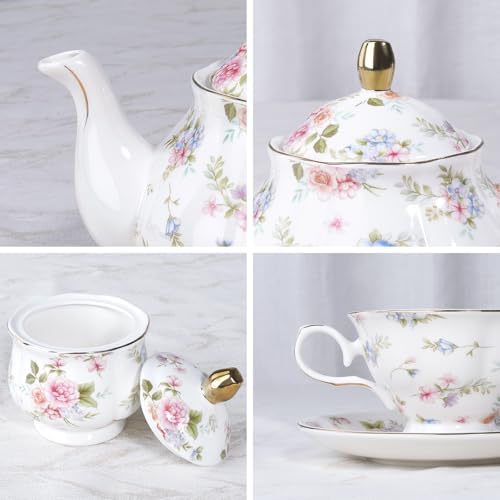 fanquare 21 Piece Vintage Pink Blue Floral Porcelain Tea Set with Gold Trim - Image 2