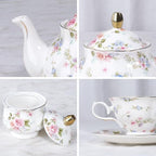 fanquare 21 Piece Vintage Pink Blue Floral Porcelain Tea Set with Gold Trim - Image 2