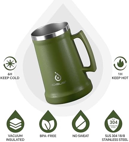 Ideus Insulated Beer Stein, 24/34oz Stainless Steel Double Walled Beer Mug Giant Bar Drinkware Metal Beer Cup with Big Grip Handle (Olive Green, 34oz (1,000ml)) - Image 2