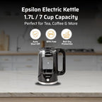 Epsilon 1.7L Glass Electric Kettle – Hot Water Tea Kettle with LED Light, Stainless Steel & Borosilicate Glass, Auto Shut-Off, BPA-Free Electric Teapot, 1100W Fast Boil, Cool Touch - Image 2