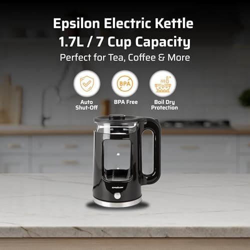 Epsilon 1.7L Glass Electric Kettle – Hot Water Tea Kettle with LED Light, Stainless Steel & Borosilicate Glass, Auto Shut-Off, BPA-Free Electric Teapot, 1100W Fast Boil, Cool Touch - Image 2