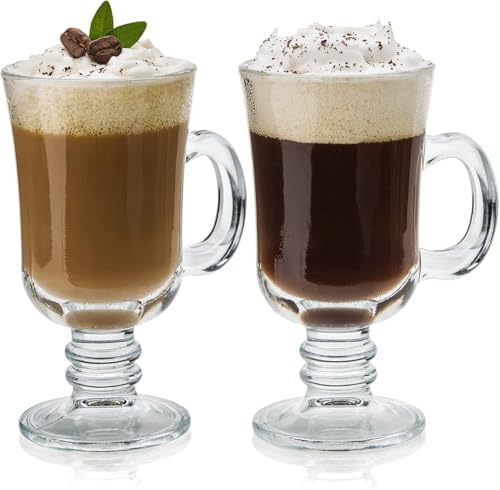 Glass Coffee Mugs – Set of 2, 230 ml | Clear Glass Latte Cups with Handle | Cappuccino, Hot Chocolate, Tea & Coffee Mugs for Hot Beverages by PrimeWorld