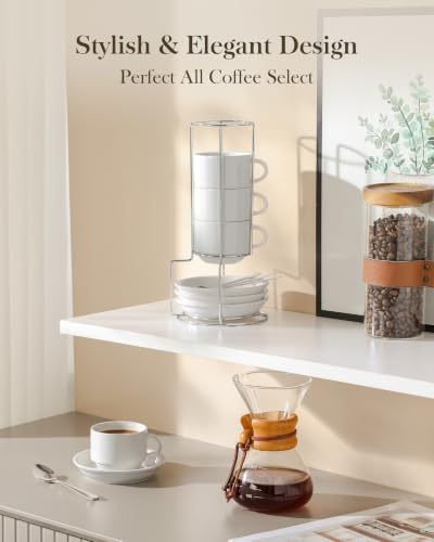 MALACASA Porcelain Espresso Cups Set of 4, with Saucers and Metal Stand, 4 Ounce Stackable Cappuccino Cups, Expresso Shots Cup Ceramic Demitasse Mugs, White with Spoon - Image 7