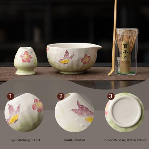 Hand-Painted Matcha Whisk Set, 8-Piece 3D Art Ceremony Kit with Unique Bowl, Bamboo Whisk, Sifter & Scoop for Exquisite Japanese Tea Making (Flower Pattern 5) - Image 3