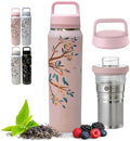 Farasi Loose Leaf Tea Infuser Bottle Wide Mouth Coffee, Fruit, Insulated Stainless Steel Water Bottle Infuser Tumbler - Leakproof Built In Handle Travel Mug Pink Floral 24 oz by WellnessHydrationBeyond