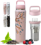 Farasi Loose Leaf Tea Infuser Bottle Wide Mouth Coffee, Fruit, Insulated Stainless Steel Water Bottle Infuser Tumbler - Leakproof Built In Handle Travel Mug Pink Floral 24 oz by WellnessHydrationBeyond
