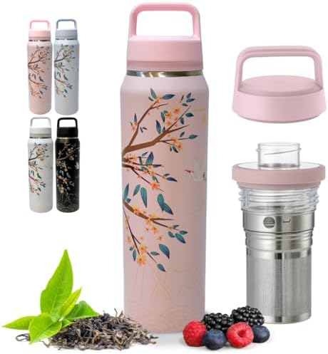 Farasi Loose Leaf Tea Infuser Bottle Wide Mouth Coffee, Fruit, Insulated Stainless Steel Water Bottle Infuser Tumbler - Leakproof Built In Handle Travel Mug Pink Floral 24 oz by WellnessHydrationBeyond