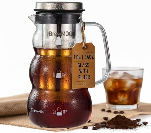 Cold Brew Coffee Pitcher (1.0L/34oz) - Elegant Sleek Wave Borosilicate Glass Pitcher with 100um 304 Stainless Steel Filter & Airtight Lid, Efforless Mannual for Beginner, Sophisticated Gift by BrewMOO