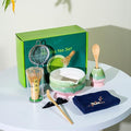 Matcha Tea Set, 8 Pieces Ceramic Bowl with Bamboo Whisk, Spoon, Strainer, Holder and Tea Towel, Green and Pink by POWLAB