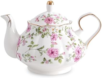 Agyiuns Flower Ceramic Teapot,22oz Porcelain Tea pot for Tea Coffee Milk for Office Home Men Women as Gift (White and big flowers) by Agyiuns