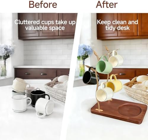 Coffee Mug Tree with Wooden Base, 8-Hook Mug Holder Stand for Kitchen Counter, Elegant Gold Metal Mug Tree for Coffee Mugs Tea Cups, Home Decor & Housewarming Gift - Image 5