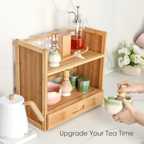 AIEVE Matcha Station Organizer, 2-Tier Bamboo Shelf with Hidden Drawer, Coffee Station Organizer Mug Holder Shelf for Matcha Whisk Set Bowl Cup Scoop Sifter - Image 3