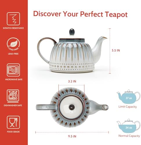 Sweese Ceramic Teapot, Beaded Retro Flower Glaze, 1100ml/37 oz Large Tea Pot for Loose Tea or Bags, Enough for 4 Cups, Nebula Blue - Image 2
