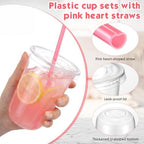 Ziliny 200 Sets 16 oz Clear Plastic Cups with Heart Shaped Straws and Lids - Image 4