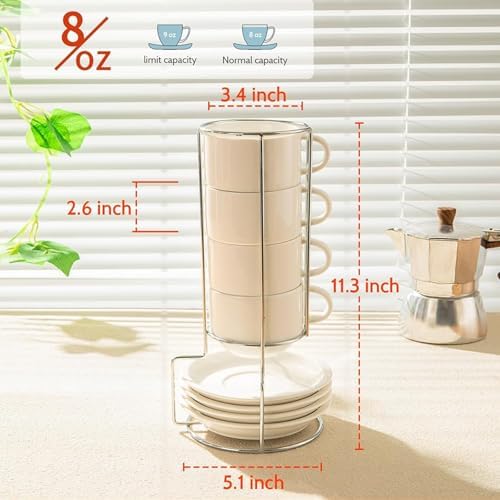 Sweese 8 Ounce Porcelain Stackable Cappuccino Cups with Saucers and Metal Stand - for Specialty Coffee Drinks, Cappuccino, Latte, Americano and Tea - Set of 4, White - Image 6