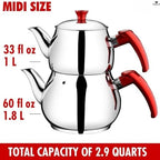 Hakan Teapot Set with Self Strainer Double Lids, Stainless Steel Midi Double Bondy Tea Pot Set, Turkish Samovar Style, Tea Kettle for Loose Leaf Tea with Bakelite Hande | 1.05 + 1.9 Qt - Image 3