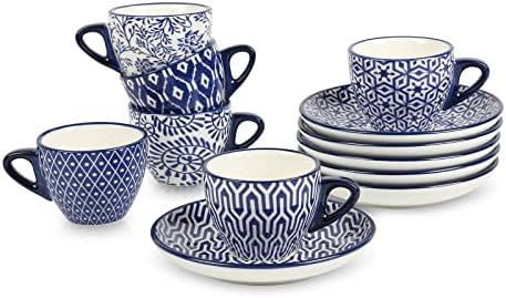 Selamica Ceramic 2 oz Espresso Cups, Small Expresso Coffee Cup Set with Saucers, Porcelain Mini Demitasse Cups for Latte Mocha Tea, Set of 6, Vintage Blue by Selamica