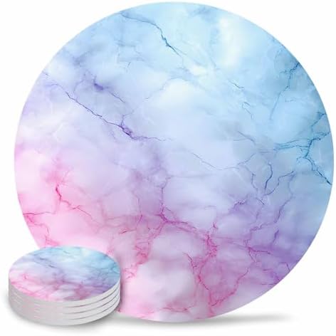 Coaster for Drinks 4 Pack,Natural Marble Agate Stone Texture Absorbent Round Ceramic Stone with Cork Base,Pink Blue Gradient Drink Coaster Cup Mats for Home Dining Coffee Tables by ZFUNCING
