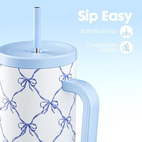 Meoky Glow in the Dark Tumbler: 40 oz Tumbler with Handle and Straw- Stainless Steel Insulated Tumbler for Car Cup Holders - Travelers Commuters Workers (1 Pack, Blue Bow) - Image 5