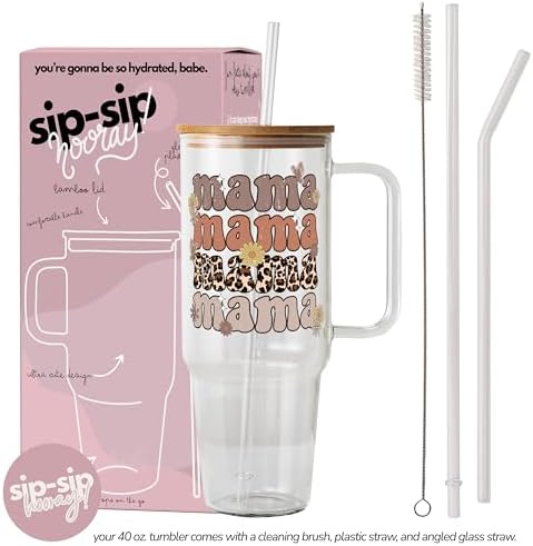 Sip-Sip Hooray! Retro Leopard Mama 40oz Glass Tumbler with Lid and Straw - Image 2