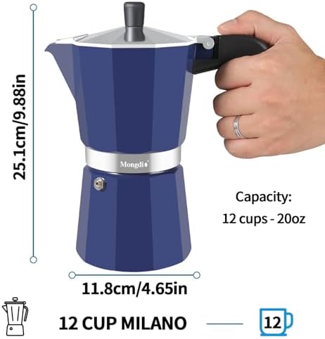 Mongdio Stovetop Espresso Maker Moka Pot, Stove Top Cuban Coffee Maker, Italian Greca Mocha Pot, 12 Espresso Cups, 20 oz - Blue - Image 6