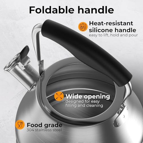 Stovetop Whistling Tea Kettle 2.4 QT / 2.3L, Stainless Steel Water Kettle for Induction, Gas & Electric Stoves, Fast Boiling Tea Kettle with Loud Whistle, Cool Touch Handle, Wide Lid, Satin, Silver - Image 3