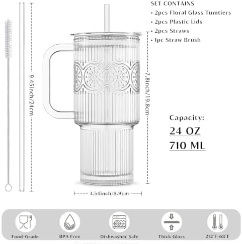 INSETLAN 24 oz Ribbed & Floral Glass Tumblers with Handle, Set of 2 Cups - Image 2