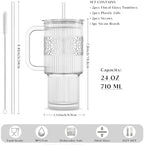 INSETLAN 24 oz Ribbed & Floral Glass Tumblers with Handle, Set of 2 Cups - Image 2