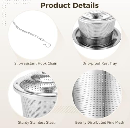9 Pcs Tea Infusers, Stainless Steel Mesh Strainers for Loose Leaf Tea, With Drip Trays and Hook Chain, Fine Mesh Metal Steepers for Cups, Mugs, Teapots, Easy to Clean, for Daily Brewing - Image 2