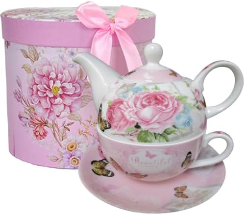 ONEUSTAR Tea for One Set Ceramic Floral Teapots with Cup in Gift Box, Pink by ONEUSTAR
