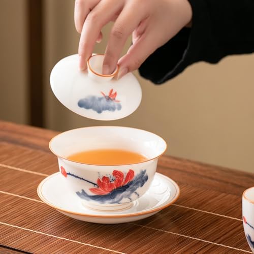 Ceramic Gaiwan Gongfu Tea Set Hand-painted Lotus Tea Cup with Lid Saucer - Image 4