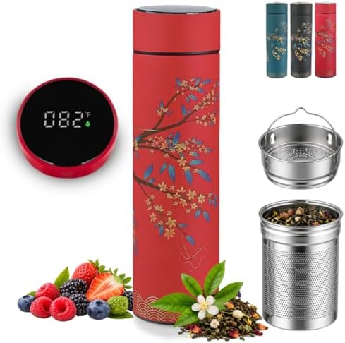 Farasi Tea Infuser for Loose Leaf Tea Smart Water Bottle with Fahrenheit Temperature Display, Stainless Steel Insulated Coffee and Fruit Tea Infuser Bottle - Red Floral Travel Tea Mug 15 oz by WellnessHydrationBeyond