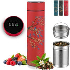 Farasi Tea Infuser for Loose Leaf Tea Smart Water Bottle with Fahrenheit Temperature Display, Stainless Steel Insulated Coffee and Fruit Tea Infuser Bottle - Red Floral Travel Tea Mug 15 oz by WellnessHydrationBeyond