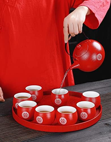 Chinese Traditional Wedding Gift Tea Set - Kung Fu Teapot With 8 Teacups and Round Tray - Red Decoration - Image 2