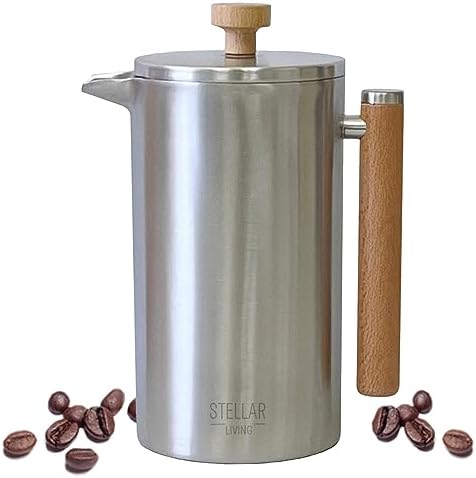 Stellar Living 34 OZ Stainless Steel French Press Coffee Maker with Double Vacuum Insulation, Maximum Flavor Coffee Brewer, Tea and Coffee Press, Camp Coffee Maker - Matte Silver with Wooden Handle by AdmiredbyNature