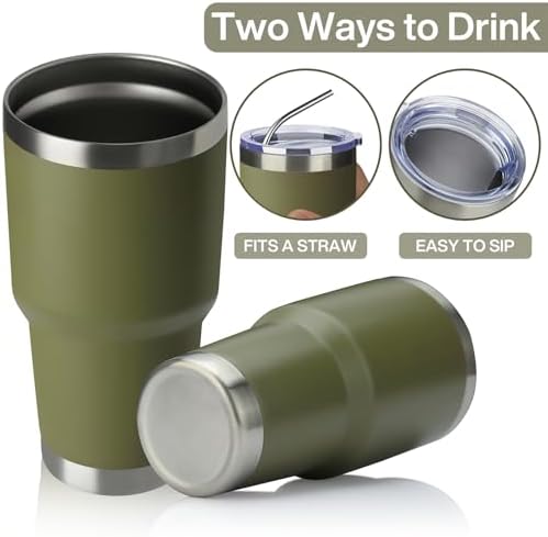 MEWAY 30oz Insulated Tumbler With Lids and Straws,Stainless Steel Double Vacuum Coffee Tumbler Cup, Brush, Durable Powder Coated Coffee Cup for Cold & Hot Drinks, Office, Travel(Army Green,4 PACK) - Image 3