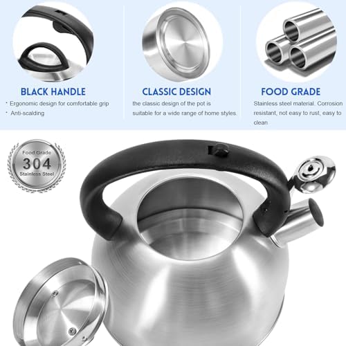 GGC Whistling Stove Top Tea Kettles, 304 Stainless Steel Tea Kettles with Anti-Heat Handle, 3.1QT/3L Tea Pot for Boiling Water, Coffee or Milk - Image 3