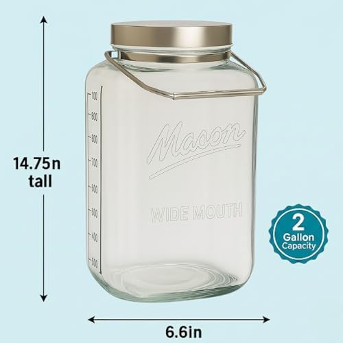 kitchentoolz Large 2 Gallon Glass Mason Jar with Big Airtight Metal Lid and Carry Handle – Wide Mouth Square Container with Measurements for Dry Goods, Bulk Storage, and Food Prep - Image 4