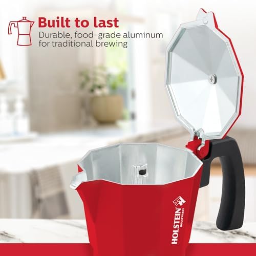 Holstein Housewares - 6 Cup Aluminum Stovetop Espresso Maker and Moka Pot - Great Tasting Traditional Espresso Coffee, Italian and Cuban Café Brewing in Minutes, Red - Image 5