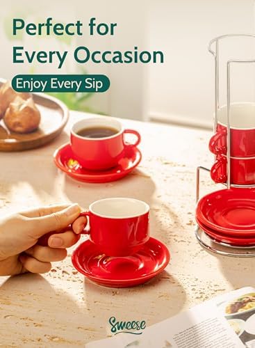 Sweese 2.5 Ounce Porcelain Stackable Espresso Cups with Saucers and Metal Stand Set of 4, Red - Image 5
