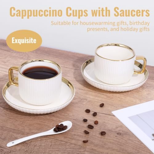 8.5oz Cappuccino Cups with Saucers Set of 6, Ceramic Coffee Cup and Saucer with Gold Rim, Vertical Ribbed Latte Mugs, White Porcelain Tea Cup Set for Wedding, Cafe, Party & Daily Use - Image 6