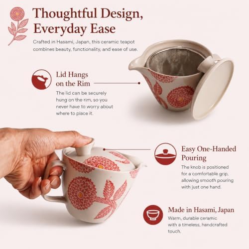 Hasami Ware Dahlia Teapot with Stainless Infuser, 13 fl oz (Red) - Image 3