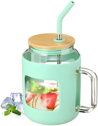 50Oz Glass Mug with Handle and Straw, Silicone Sleeve, Reusable Water Bottle for Beer, Tea, Coffee, Juice, Sustainable Drinking Cup with Lid (Blue) by Obetuens