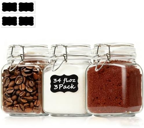 ComSaf Square Glass Pantry Jars with Airtight Lids 34 oz 3 Pack Coffee by ComSaf