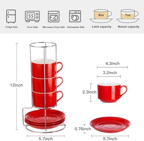 8 Ounce Stackable Cappuccino Cups with Saucers and Metal Stand - Image 2