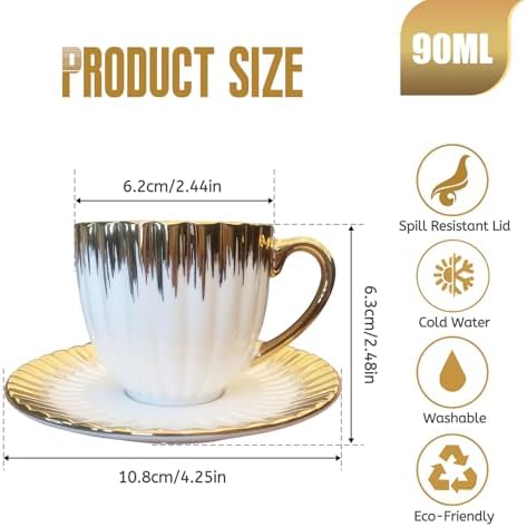 3.5oz Ceramic Turkish Coffee Cup Set of 6, British Italian Cappuccino Cups Porcelain Espresso Cups and Saucers with Gold Trim for Double Espresso Cappuccino Latte Mocha Tea - Image 2