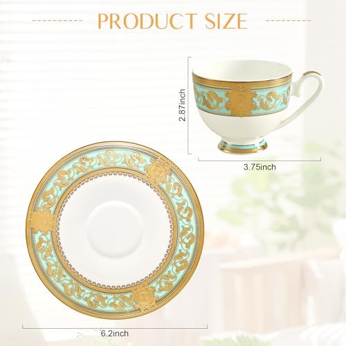 Luxury White & Gold Embossed Tea Cups and Saucers with Teapot, Sugar Bowl, & &Creamer, Vintage European Porcelain Coffee Set for Tea Party, Wedding, Gift (Teal, 4pcs/set) - Image 6